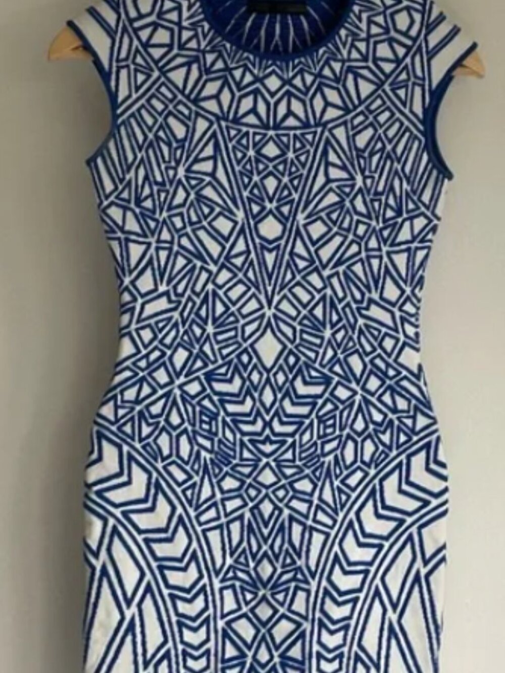 RVN Blue and White Geometric Cap-Sleeve Sheath Dress